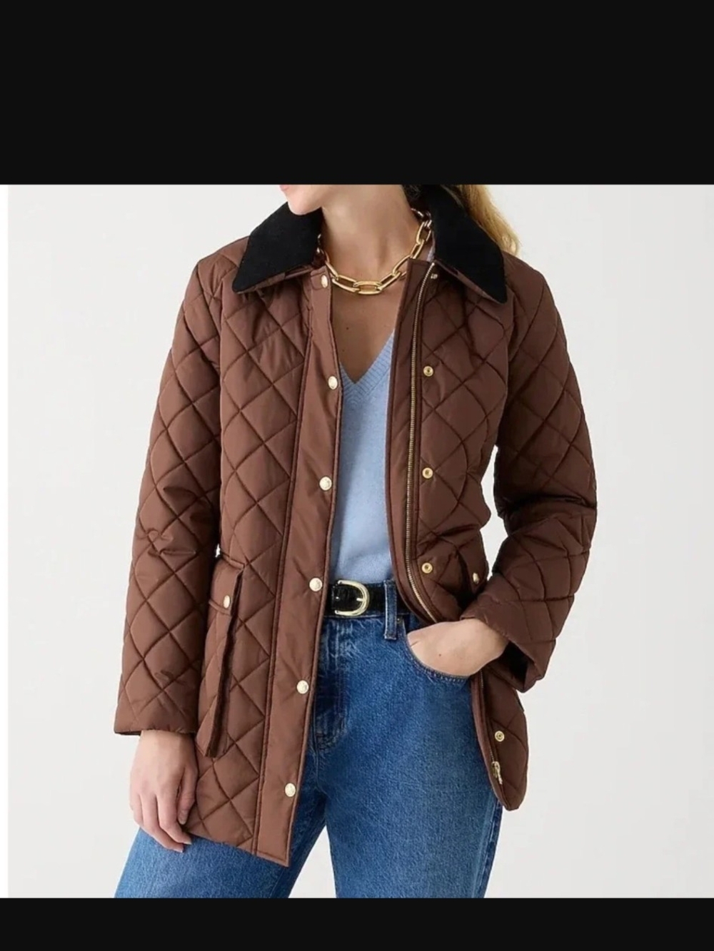 J. Crew Brown Quilted Signature Puffer Jacket with Black Collar